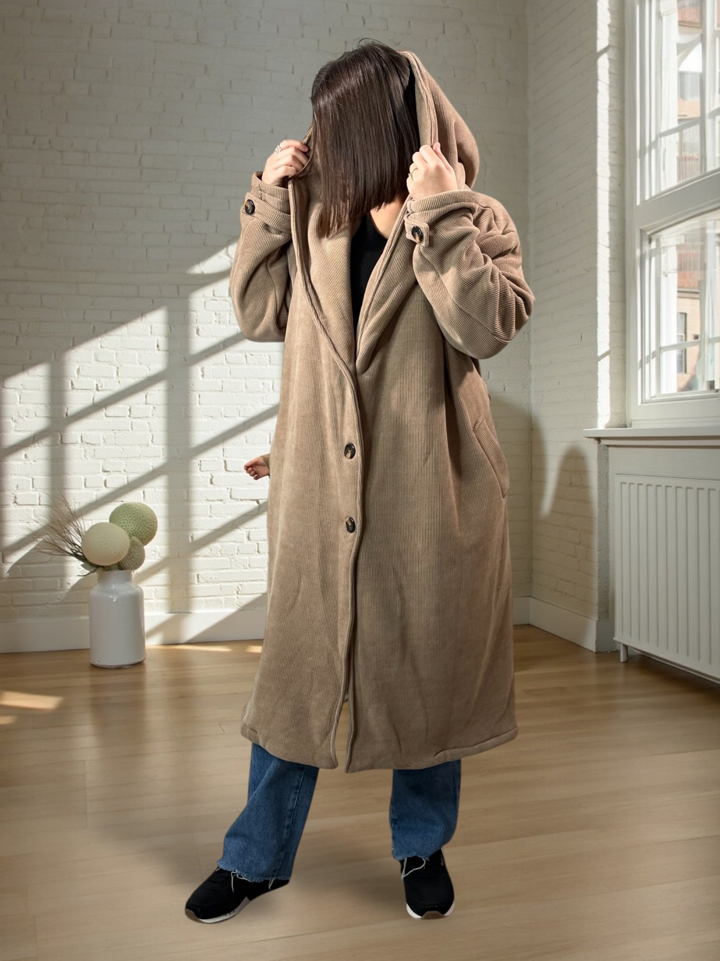 CARLOTA - MANTEAU OVERSIZE TAUPE A CAPUCHE JUSQU'A LA TAILLE 56/58