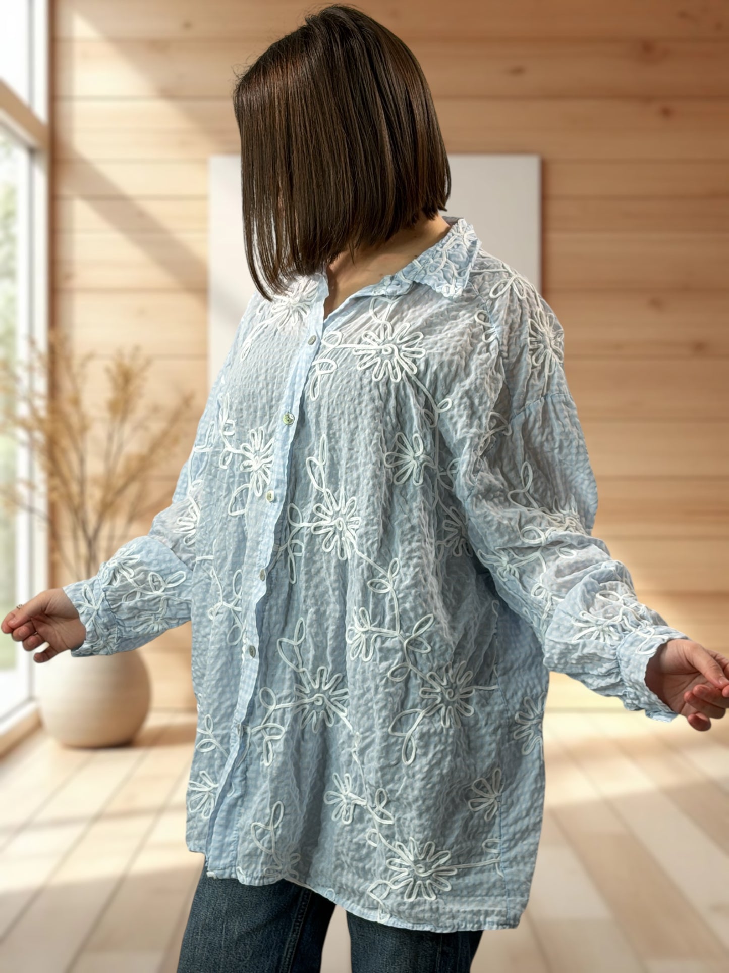 NINA - CHEMISE OVERSIZE VICHY BLEUE JUSQU'A LA TAILLE 52