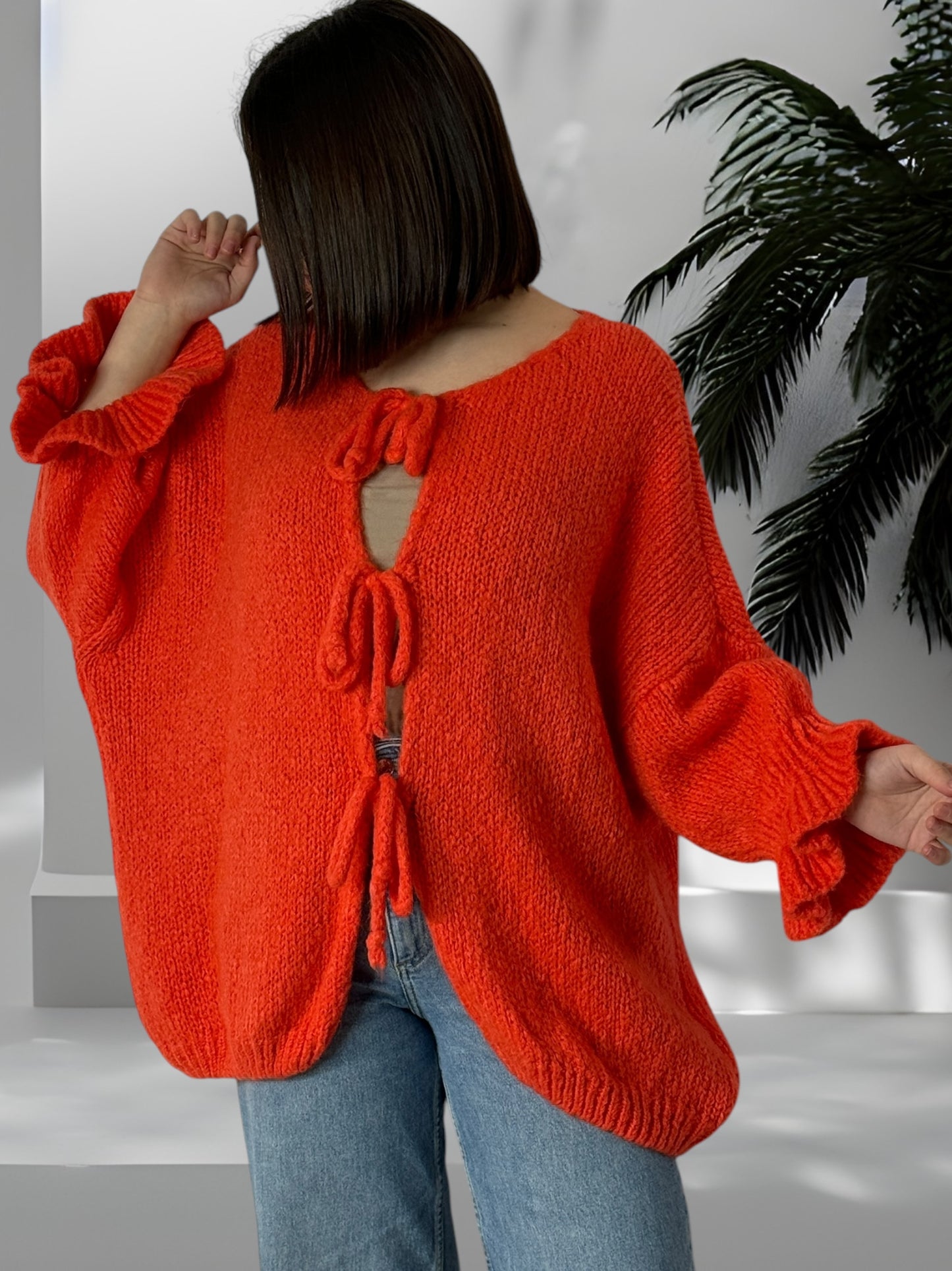 BERENGERE - GILET OVERSIZE ORANGE AVEC NOEUDS JUSQU'A LA TAILLE 52/54