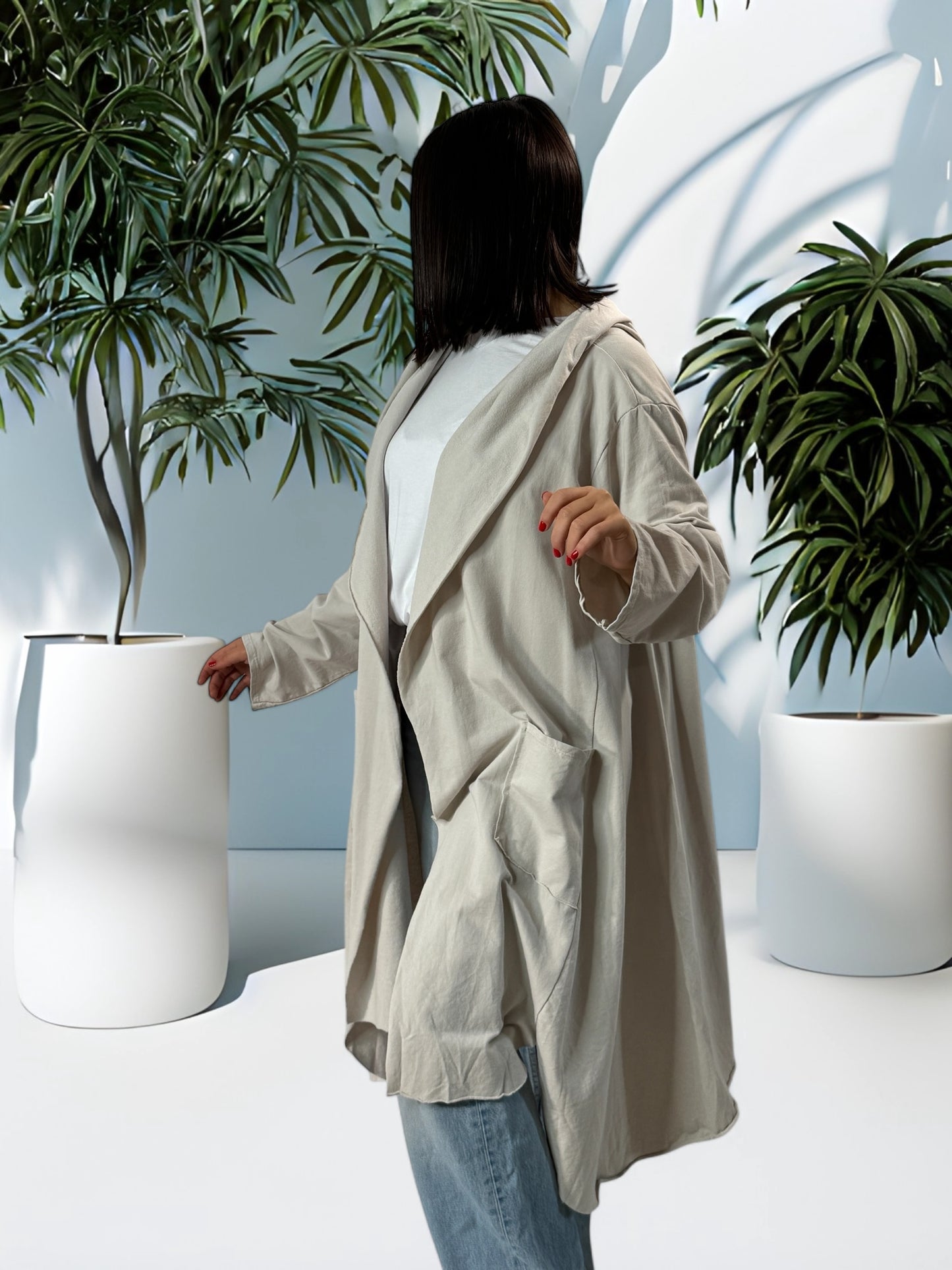 SALOME -  VESTE BEIGE EN COTON A CAPUCHE JUSQU'A LA TAILLE 56/58