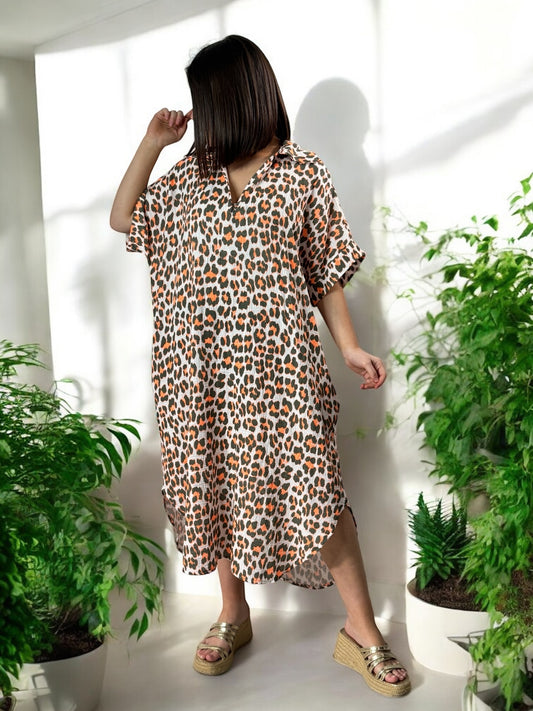 FELINE - ROBE OVERSIZE LEOPARD KAKI JUSQU'A LA TAILLE 50