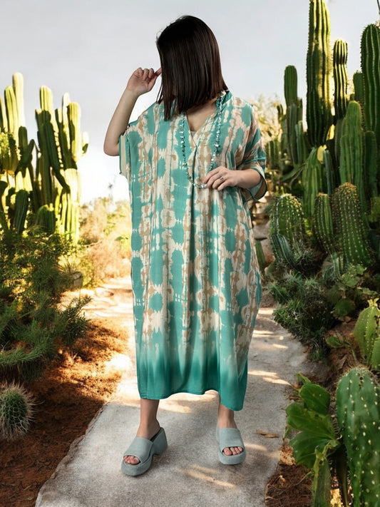 LALY - ROBE OVERSIZE MOTIF TURQUOISE JUSQU'A LA TAILLE 54