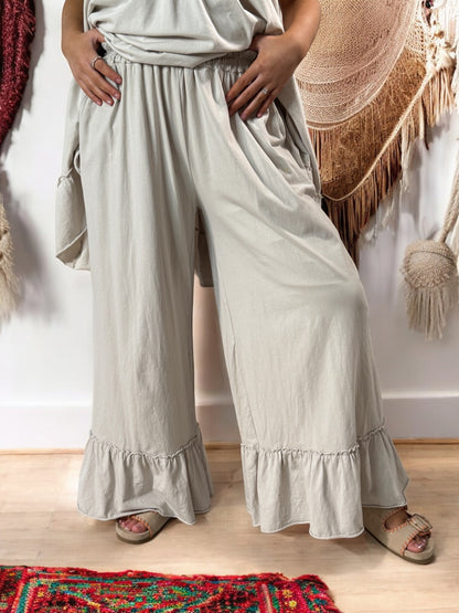 CANNES - ENSEMBLE TUNIQUE ET PANTALON  FLUIDE BEIGE JUSQU'A LA TAILLE 52