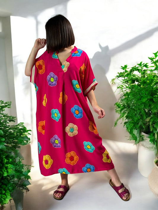 LALY - ROBE OVERSIZE FUCHSIA MOTIF FLEUR JUSQU'A LA TAILLE 54