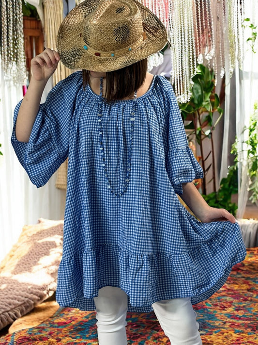 DEBORAH - TUNIQUE VICHY BLEU IMPERIAL JUSQU'A LA TAILLE 54/56