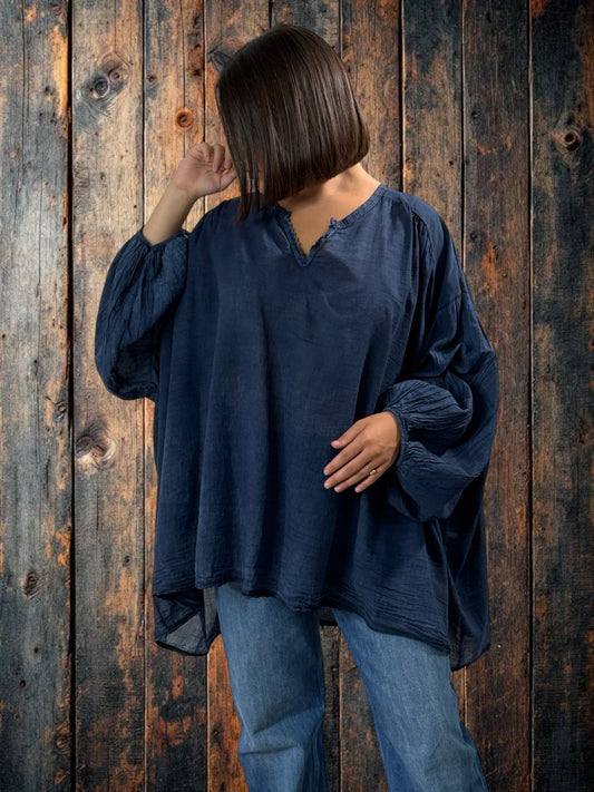 MARION - BLOUSE MARINE EN COTON OVERSIZE JUSQU'A LA TAILLE 56