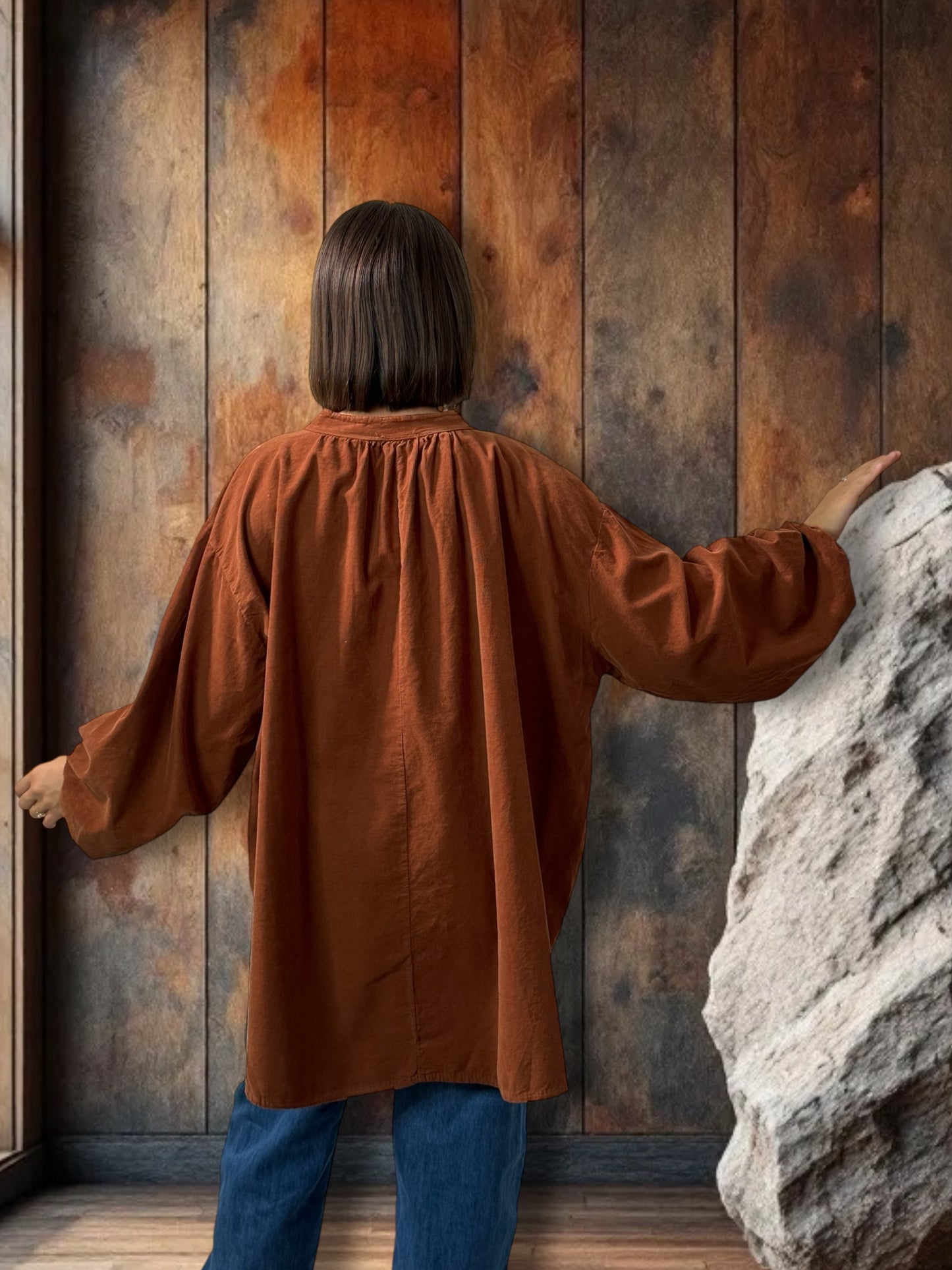 ALICIA - BLOUSE ROUILLE EN VELOURS MILLERAIES OVERSIZE JUSQU'A LA TAILLE 56