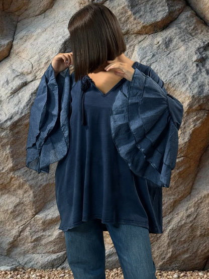 EMILIE - BLOUSE BLEUE EN COTON OVERSIZE JUSQU'A LA TAILLE 52