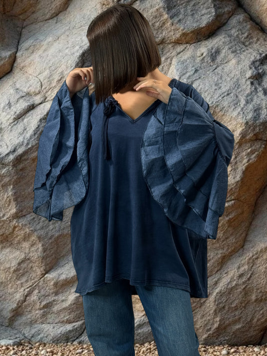 EMILIE - BLOUSE BLEUE EN COTON OVERSIZE JUSQU'A LA TAILLE 52