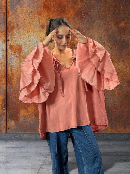 EMILIE - BLOUSE CORAIL EN COTON OVERSIZE JUSQU'A LA TAILLE 52