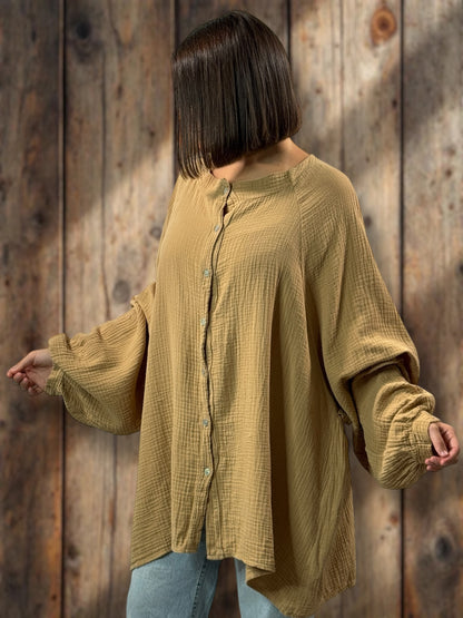 TIRAMISU - CHEMISE OVERSIZE CAMEL EN GAZE DE COTON JUSQU'A LA TAILLE 56