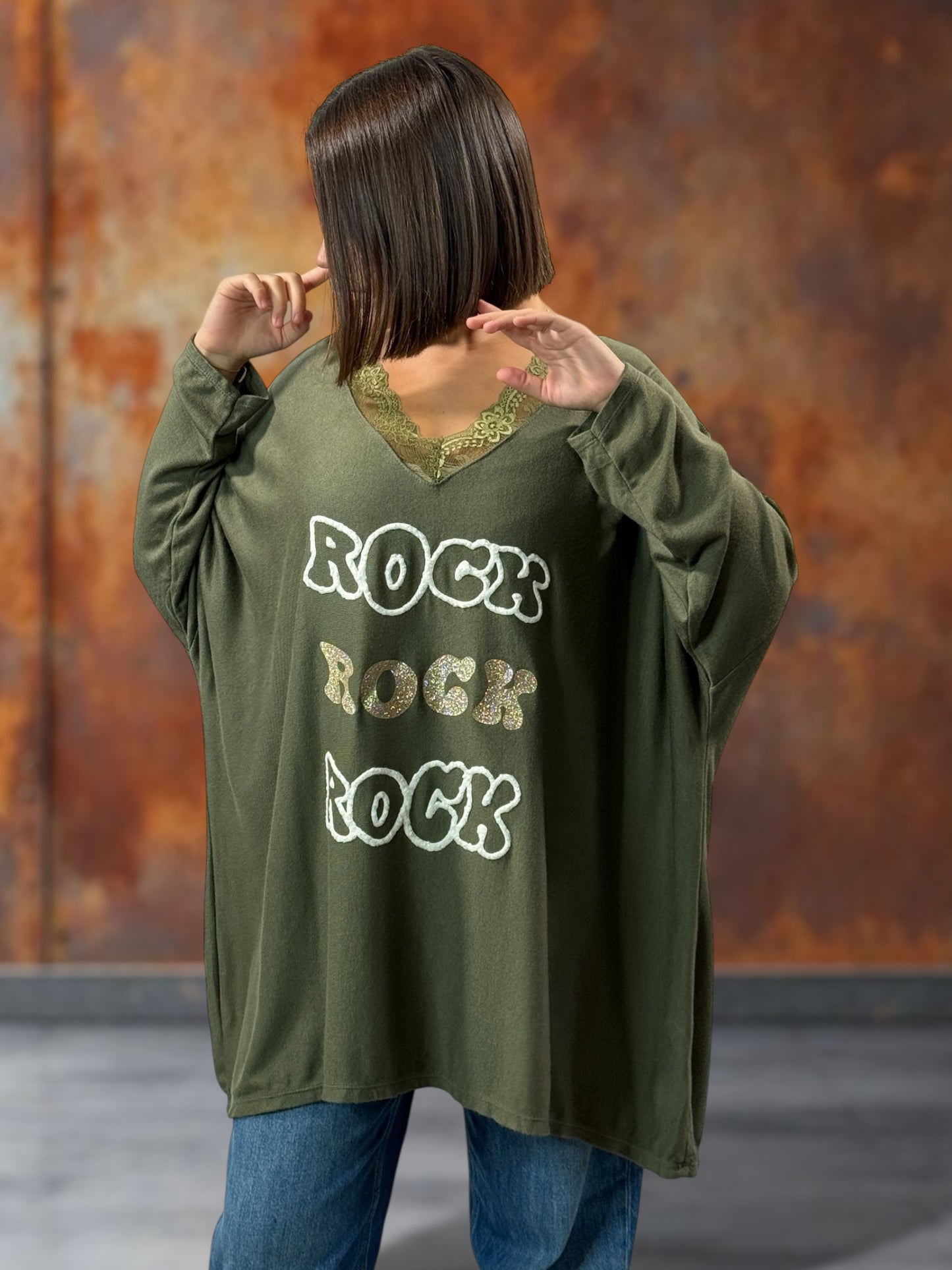 ELSA - PULL KAKI EN MAILLE BORDE DE DENTELLE JUSQU'A LA TAILLE 56/58