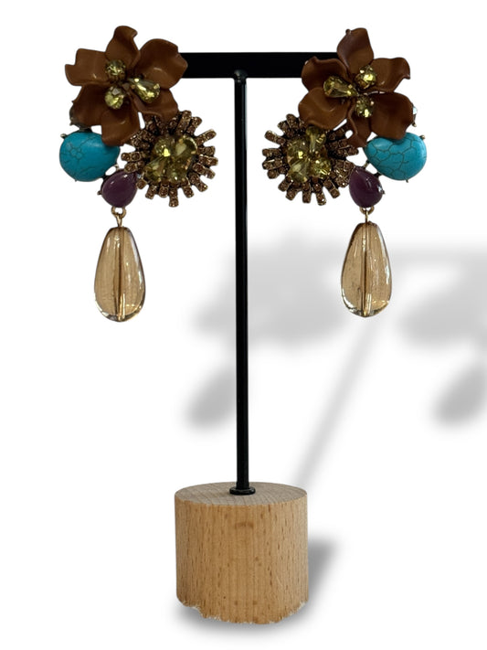 CHAMPAGNE - BOUCLES D'OREILLES FLEUR STRASS MARRON