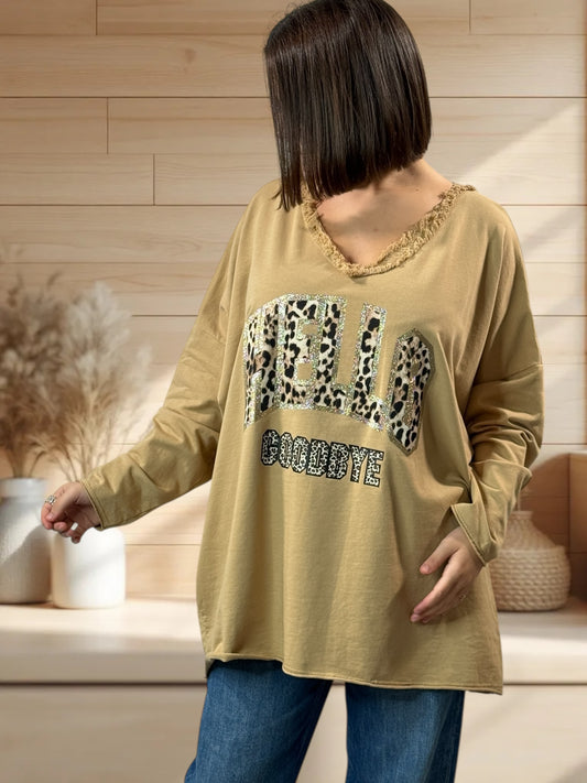 SANTIAGO - TOP CAMEL EN COTON LOGO LEOPARD JUSQU'A LA TAILLE 56