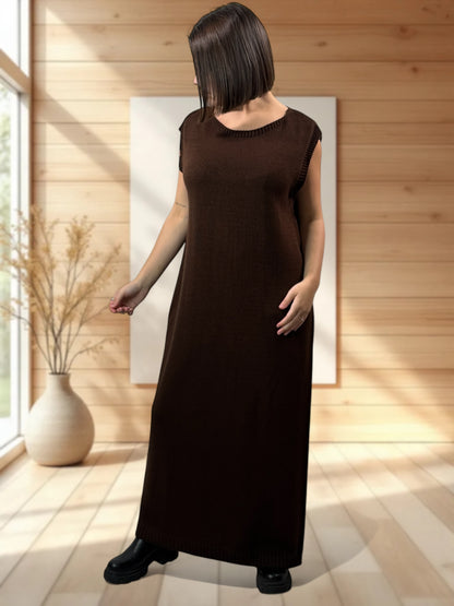 GABRIELA - ENSEMBLE MARRON EN MAILLE ROBE ET GILET JUSQU'A LA TAILLE 48