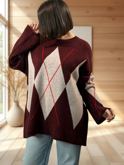 NOTTINGHAM - PULL OVERSIZE TARTAN BORDEAUX JUSQU'A LA TAILLE 52