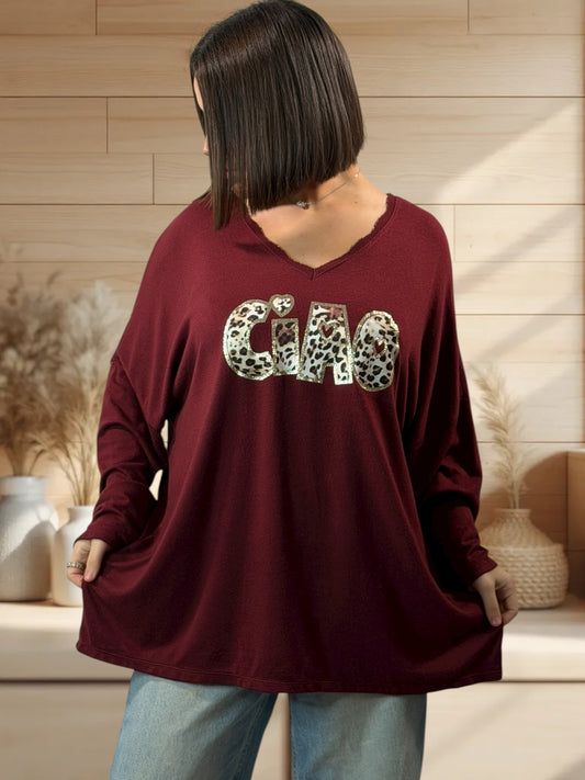 CIAO - PULL BORDEAUX EN MAILLE FLUIDE JUSQU'A LA TAILLE 54/56