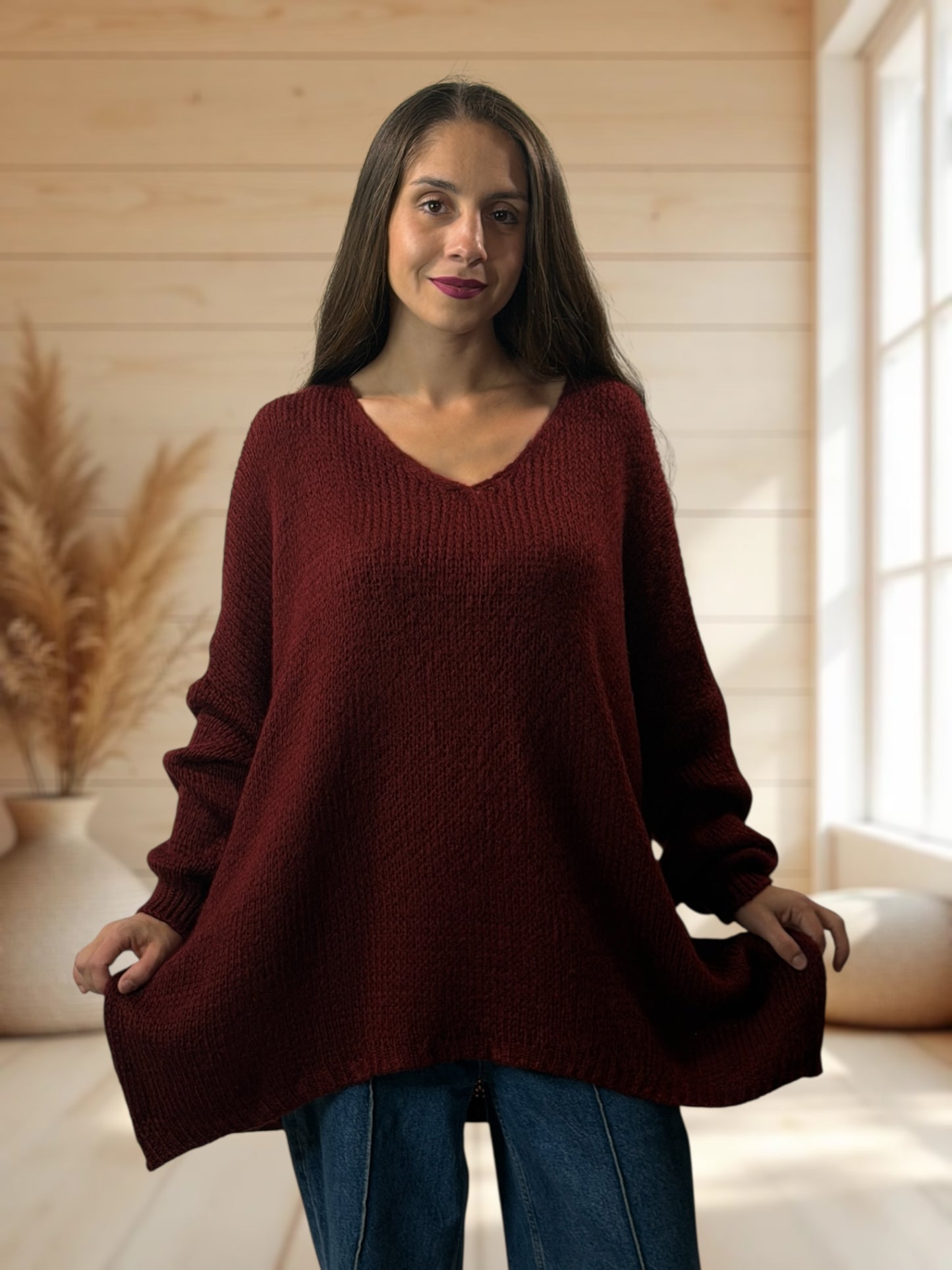 RICKOU - PULL OVERSIZE BORDEAUX MOTIF SOLEIL JUSQU'A LA TAILLE 56