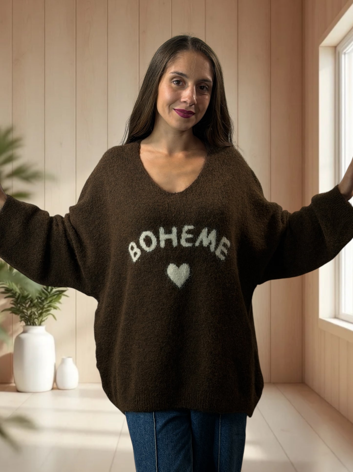 CLAUDIO - PULL MARRON LOGO BOHEME JUSQU'A LA TAILLE 54/56