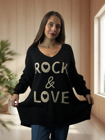 MICK - PULL OVERSIZE NOIR AVEC ALPAGA JUSQU'A LA TAILLE 56