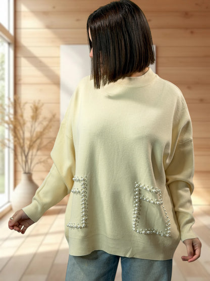 BERENICE - PULL BEIGE AVEC PERLE JUSQU'A LA TAILLE 50/52