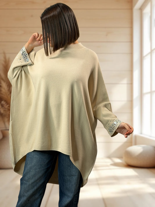 CORALINE - PULL OVERSIZE BEIGE AVEC STRASS JUSQU'A LA TAILLE 56