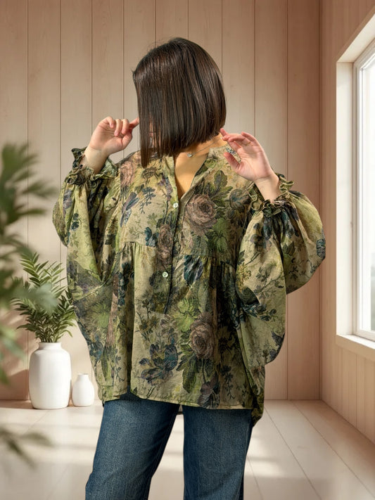EDITH  - BLOUSE VERTE A MOTIF JUSQU'A LA TAILLE 50/52