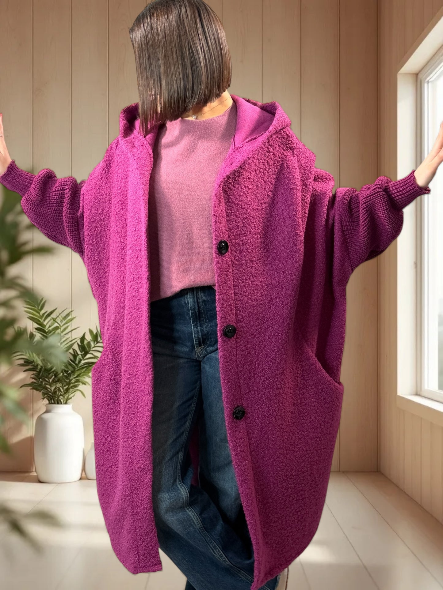 VIRGINIE - MANTEAU OVERSIZE CYCLAMEN A CAPUCHE JUSQU'A LA TAILLE 54