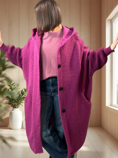 VIRGINIE - MANTEAU OVERSIZE CYCLAMEN A CAPUCHE JUSQU'A LA TAILLE 54