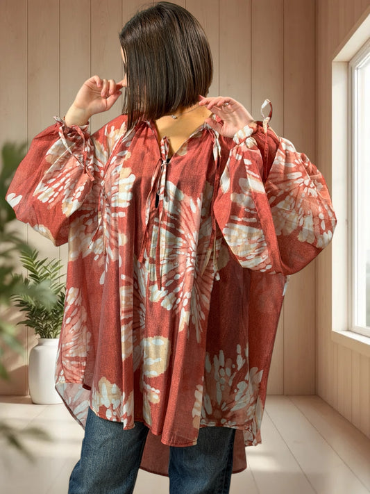VICTORINE  - TUNIQUE OVERSIZE EN COTON MOTIF ROUX JUSQU'A LA TAILLE 60