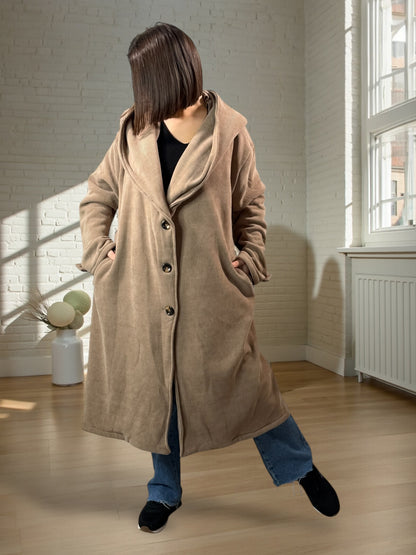 CARLOTA - MANTEAU OVERSIZE TAUPE A CAPUCHE JUSQU'A LA TAILLE 56/58