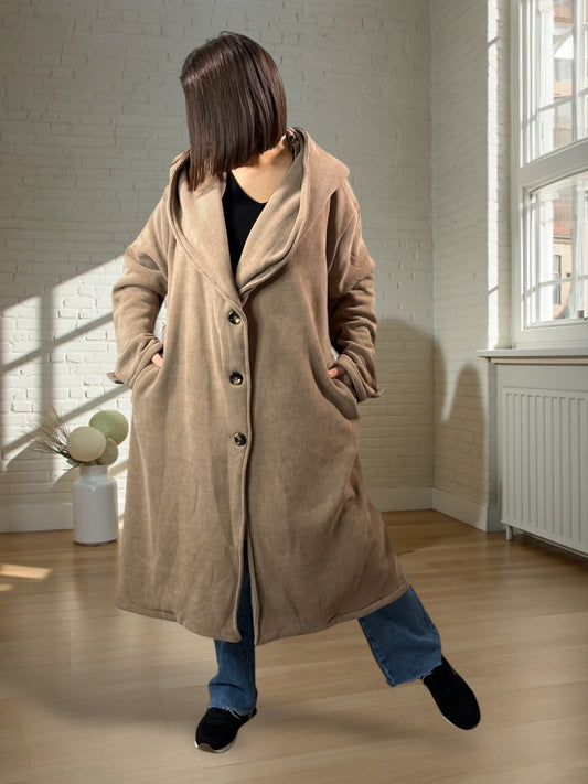 CARLOTA - MANTEAU OVERSIZE TAUPE A CAPUCHE JUSQU'A LA TAILLE 56/58