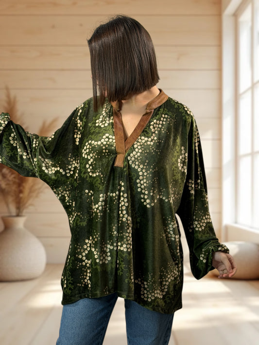 MOLLY  - TUNIQUE VERTE A MOTIF EN VELOURS STRETCH JUSQU'A LA TAILLE 56