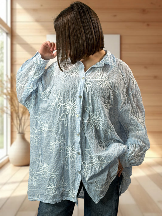 NINA - CHEMISE OVERSIZE VICHY BLEUE JUSQU'A LA TAILLE 52