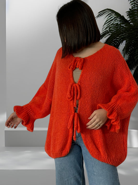 BERENGERE - GILET OVERSIZE ORANGE AVEC NOEUDS JUSQU'A LA TAILLE 52/54