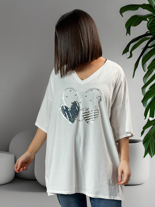 ALICIA - T-SHIRT BLANC OVERSIZE MOTIF COEUR JUSQU'A LA TAILLE 54/56