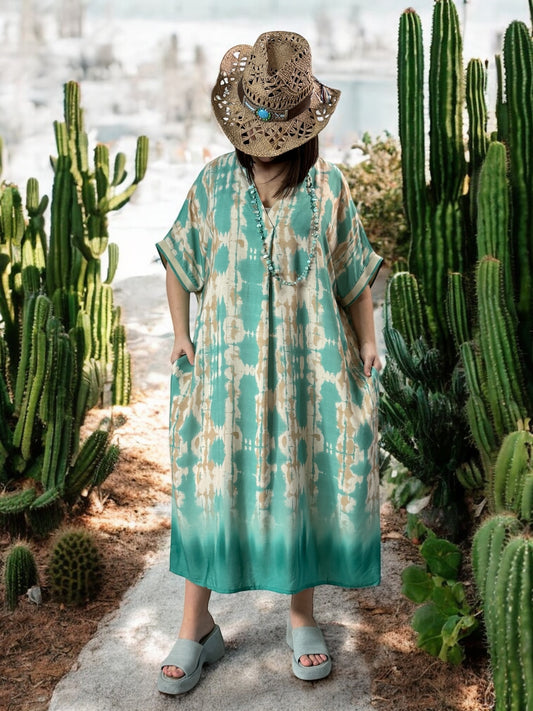 LALY - ROBE OVERSIZE MOTIF TURQUOISE JUSQU'A LA TAILLE 54