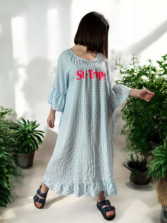 ST TROPEZ - ROBE VICHY BLEU CIEL JUSQU'A LA TAILLE 52