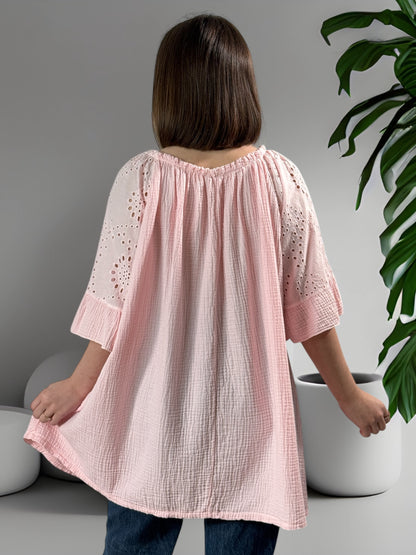 MEREDITH - BLOUSE OVERSIZE ROSE EN COTON JUSQU'A LA TAILLE 54/56