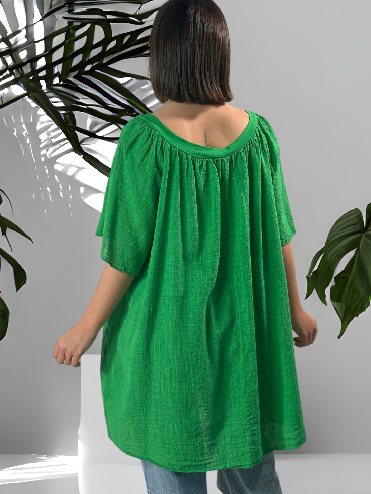 ASTRID - BLOUSE OVERSIZE VERTE LIN ET COTON JUSQU'A LA TAILLE 54