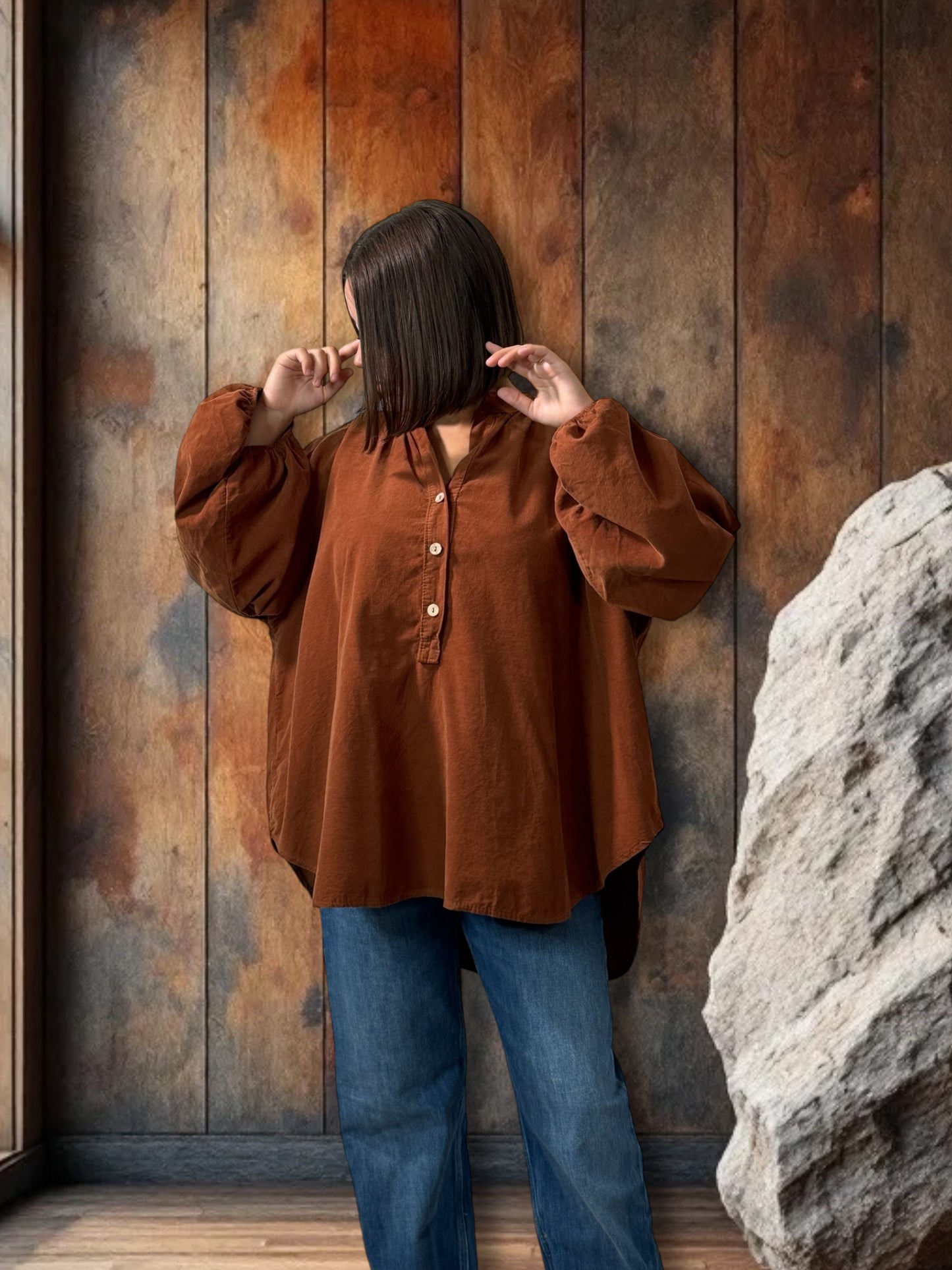 ALICIA - BLOUSE ROUILLE EN VELOURS MILLERAIES OVERSIZE JUSQU'A LA TAILLE 56