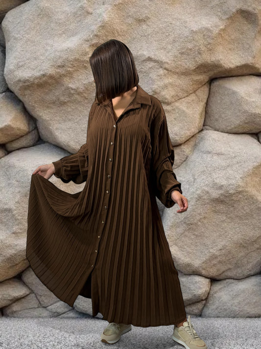 MAROUSSIA - ROBE MARRON PLIS SOLEIL JUSQU'A LA TAILLE 56