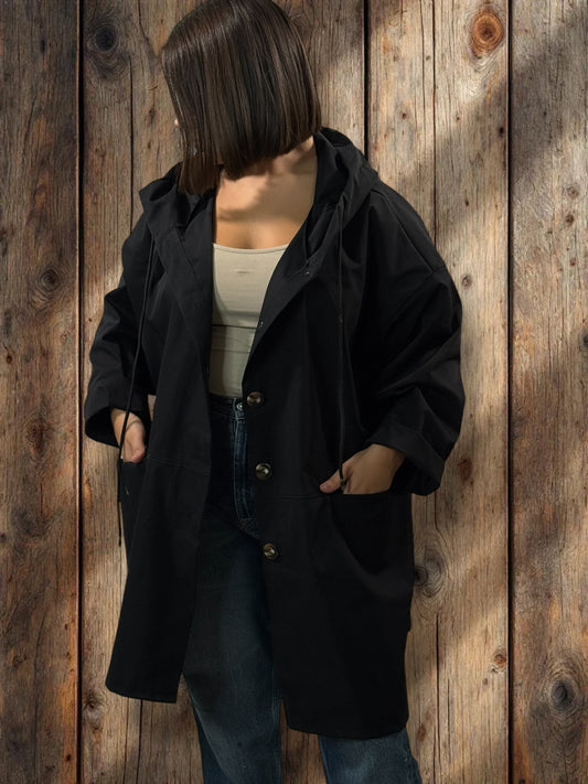 DORIAN - VESTE TRENCH NOIRE OVERSIZE A CAPUCHE JUSQU'A LA TAILLE 56
