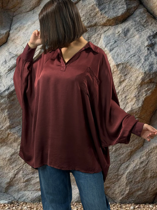 MONICA - TUNIQUE BORDEAUX OVERSIZE ASPECT SOIE JUSQU'A LA TAILLE 56