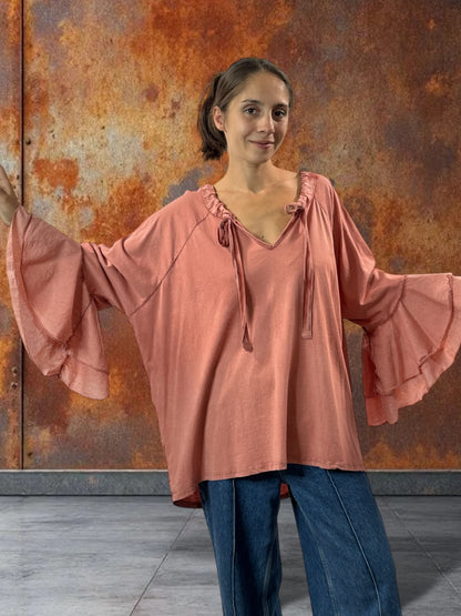 EMILIE - BLOUSE CORAIL EN COTON OVERSIZE JUSQU'A LA TAILLE 52