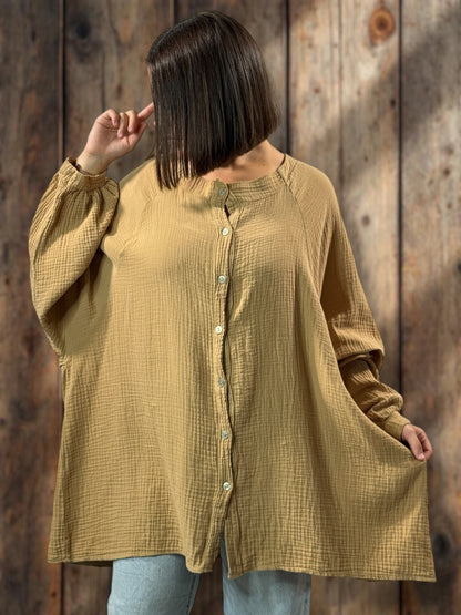 TIRAMISU - CHEMISE OVERSIZE CAMEL EN GAZE DE COTON JUSQU'A LA TAILLE 56