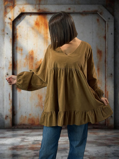 VICTORIA - TUNIQUE CAMEL EN VELOURS MILLERAIES OVERSIZE JUSQU'A LA TAILLE 52