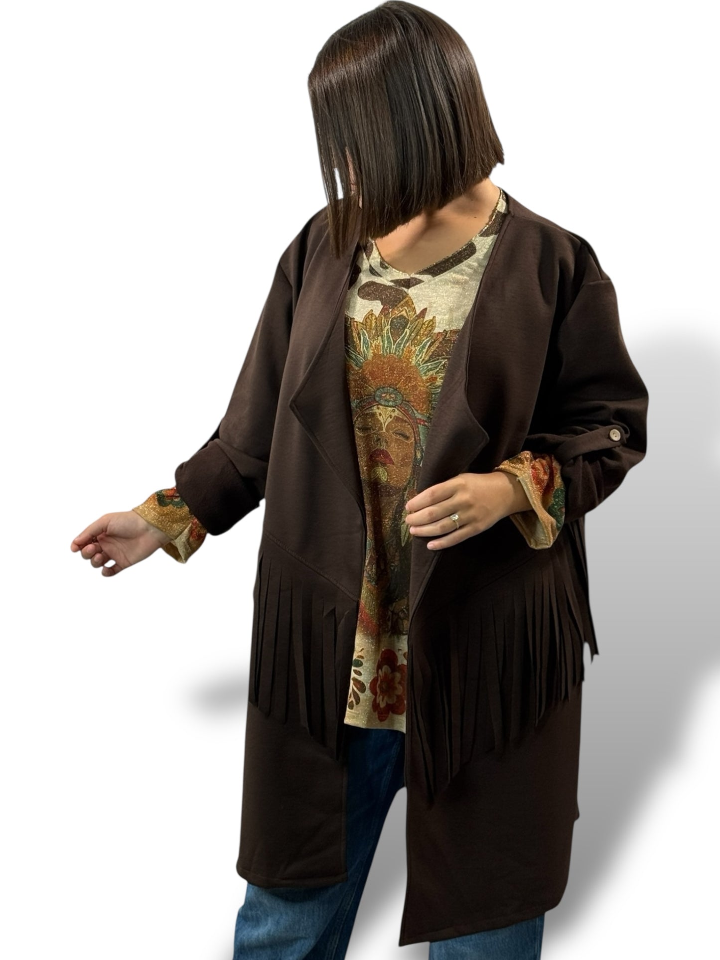 FERIA - VESTE MARRON A FRANGE OVERSIZE JUSQU'A LA TAILLE 52/54