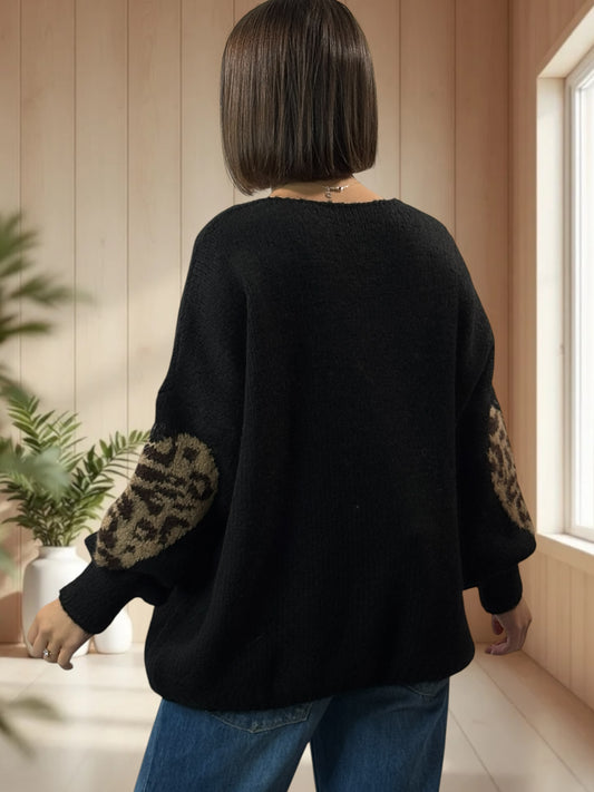 AMBER - PULL NOIR COEUR LEOPARD JUSQU'A LA TAILLE 50/52