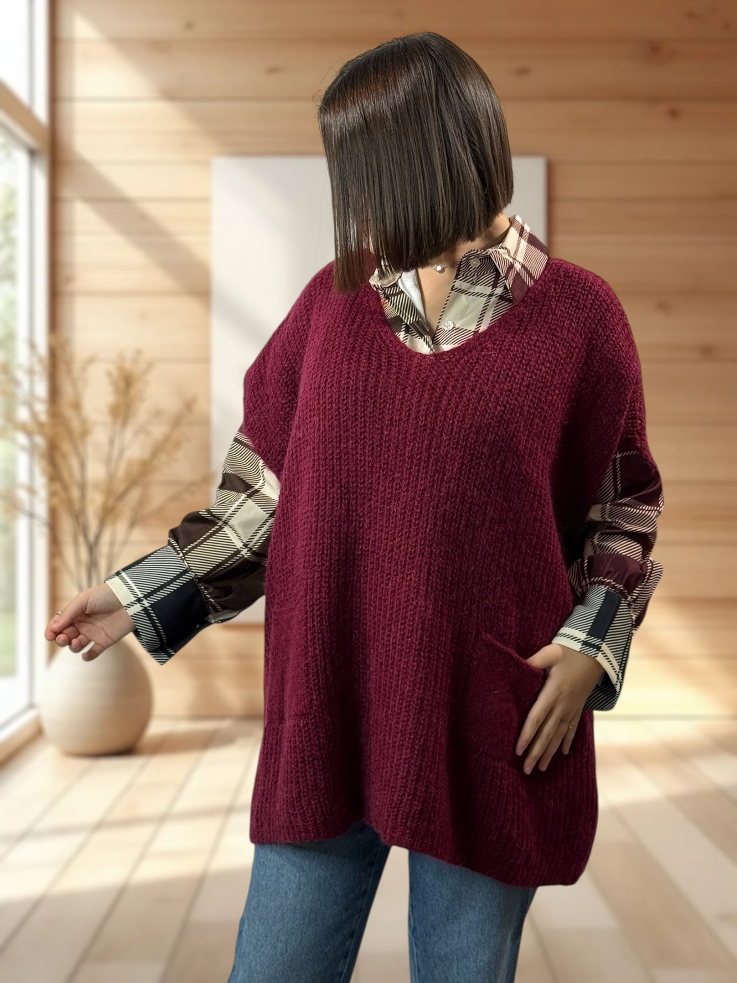 ENZO - PULL  BORDEAUX OVERSIZE JUSQU'A LA TAILLE 56